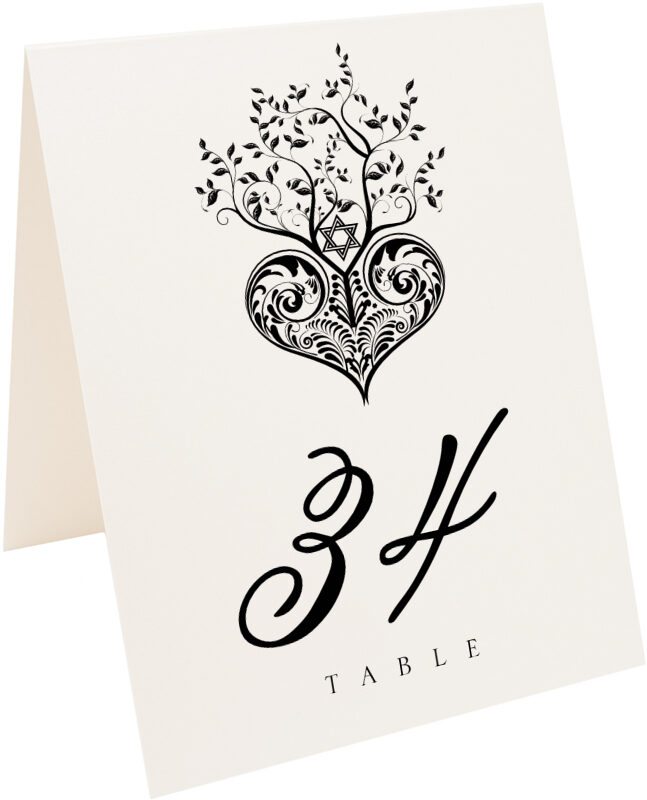 Hebrew and Jewish Contemporary Tree of Life Heart Wedding Table Number
